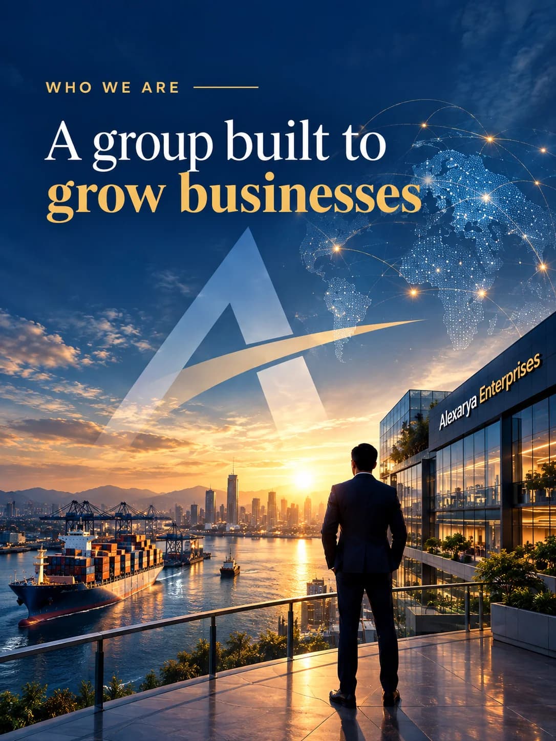 Alexarya Enterprises — un groupe conçu pour faire grandir les entreprises : notre siège surplombant le port et la ville au lever du soleil